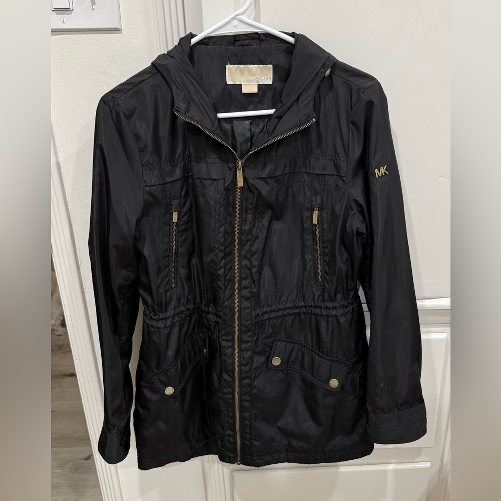 Michael Kors Black Hooded Utility Jacket with Gold-Tone Accents; Size S